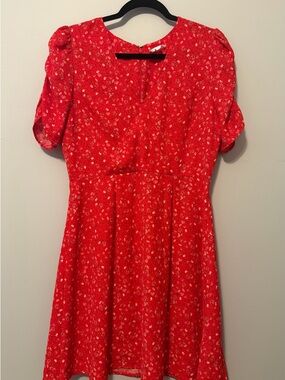 Red Floral Short Sleeve Fit-and-Flare Dress
